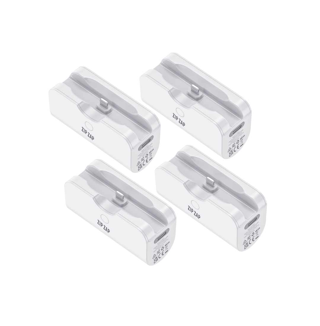Four Zip Zap Plus Gen 3 chargers with built-in Lightning connectors